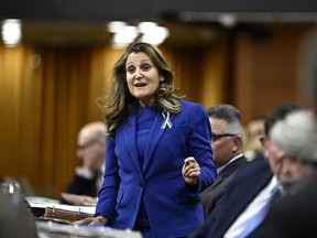 La vice-première ministre et ministre des Finances, Chrystia Freeland, se lève pendant la période des questions à la Chambre des communes sur la Colline du Parlement à Ottawa, le mardi 28 novembre 2023. Freeland affirme que les politiciens n'ont pas leur mot à dire dans les décisions opérationnelles prises par la police -- et que c'est pourquoi elle n'a plus rien à dire sur l'arrestation d'une personnalité de Rebel News.