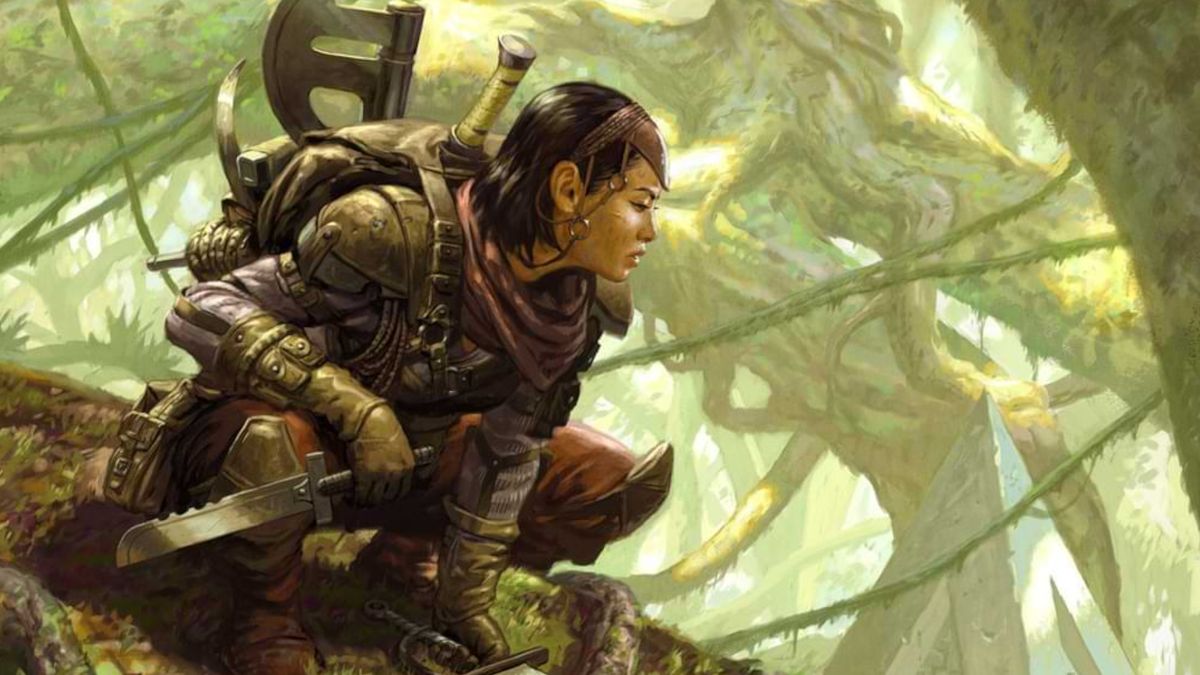 A DnD Ranger crouches in the upper boughs of a tree