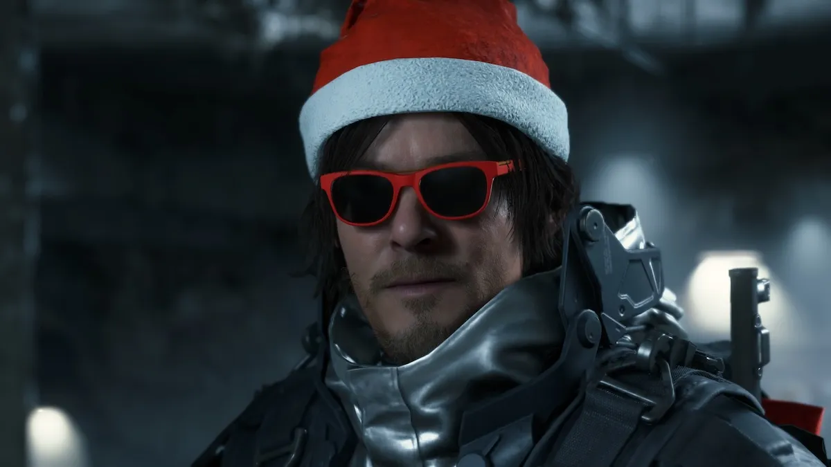 Sam Bridges in Santa hat in Death Stranding.