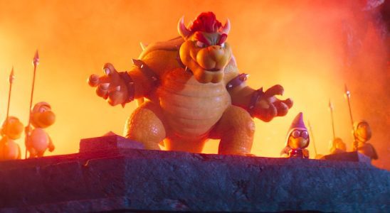 Bowser surrounded by minions and fire in The Super Mario Bros. Movie