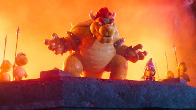 Bowser surrounded by minions and fire in The Super Mario Bros. Movie