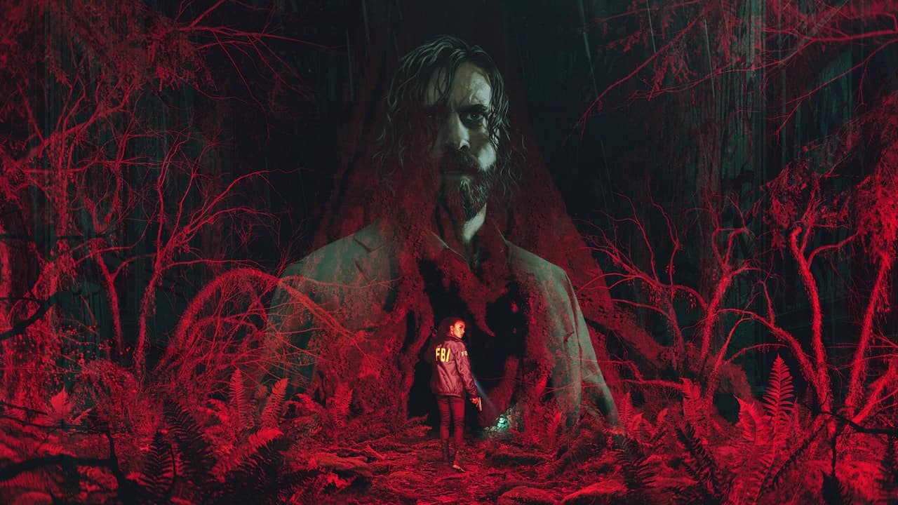 VideoGamer GOTY 2023 - Un personnage debout dans une forêt avec des lumières rouges avec un autre personnage en arrière-plan.