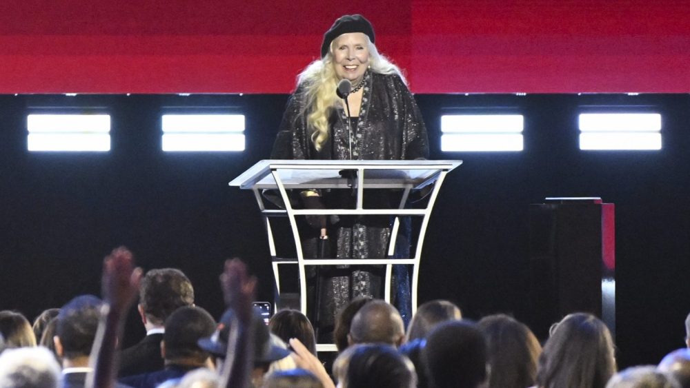 Joni Mitchell speaks onstage at the 31st Annual MusiCares Person of the Year Gala held at the MGM Grand Conference Center on April 1st, 2022 in Las Vegas, Nevada.