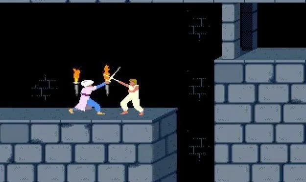 L'épée Prince of Persia combat un ennemi dans un donjon juste avant une chute abrupte