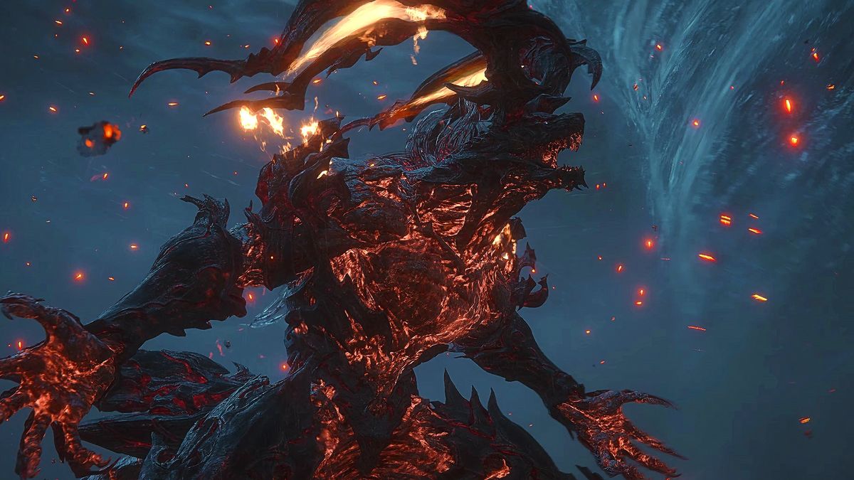 Ifrit from Final Fantasy 16 stands against a backdrop of water