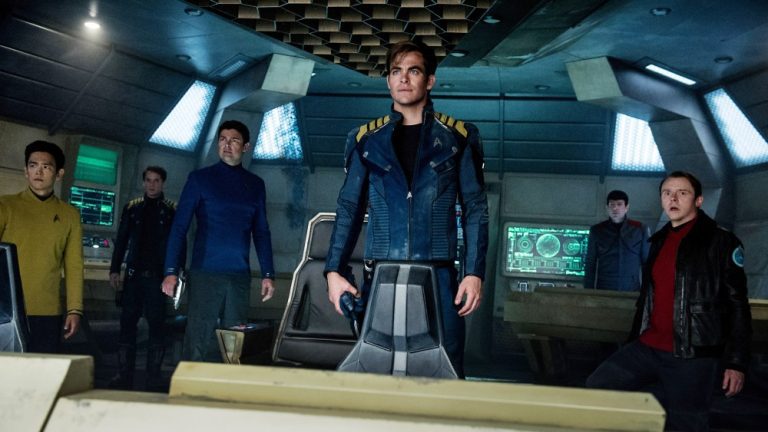 STAR TREK BEYOND, from left: John Cho, as Sulu, Anton Yelchin, as Chekov, Karl Urban, as Doctor 'Bones' McCoy, Chris Pine as Captain James T. Kirk, Zachary Quinto, as Spock, Simon Pegg, as Scotty, 2016. ph: Kimberley French / © Paramount Pictures / Courtesy Everett Collection