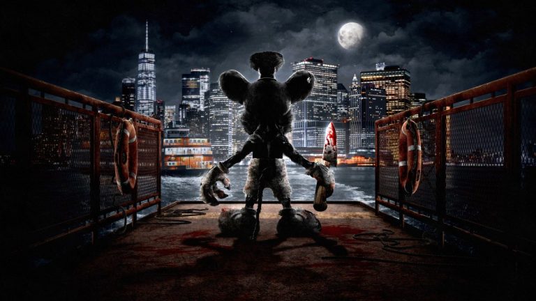 A mouse holding a bloody trowel stands on a pier looking at the water and the New York City skyline.