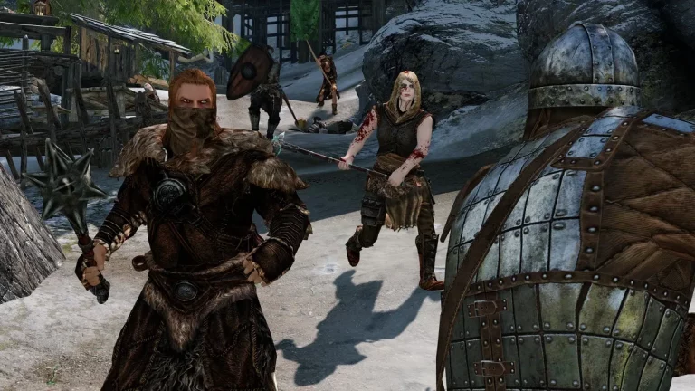 Skyrim: mean-looking warriors approaching the player, about to attack.