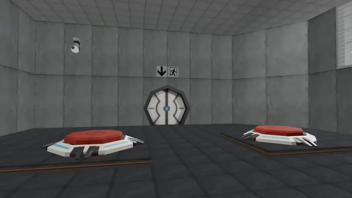 A Nintendo 64 version of Portal showing two buttons in a test chamber.