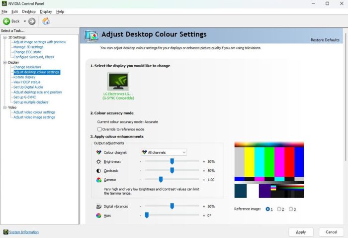 réinitialiser la couleur à l'aide du panneau de configuration Nvidia