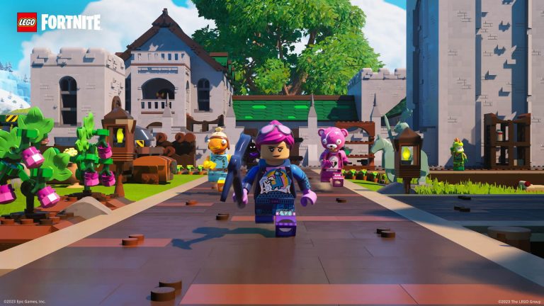 Characters running in LEGO Fortnite.