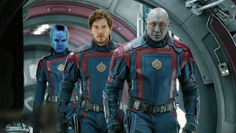 GUARDIANS OF THE GALAXY VOL. 3, from left: Karen Gillan as Nebula, Chris Pratt as Star-Lord, Dave Bautista as Drax, 2023. ph: Jessica Miglio / © Marvel / © Walt Disney Studios Motion Pictures / Courtesy Everett Collection