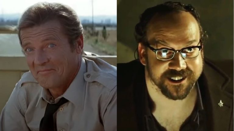 Roger Moore smirking in Octopussy and Paul Giamatti smiling with menace in Shoot 