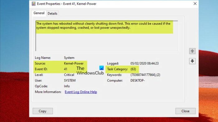 Erreur d'ID d'événement Kernel-Power 41, tâche 63