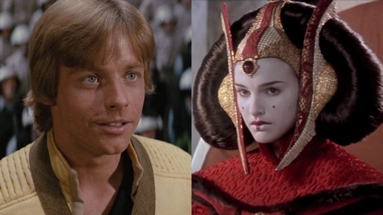 Mark Hamill accepting a medal in Star Wars and Natalie Portman seated in Queen Amidala makeup in The Phantom Menace, pictured side by side.