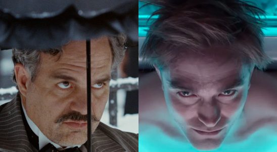 Mark Ruffalo staring menacingly in Poor Things and Robert Pattinson lying in a machine in Mickey 17, picture side by side.