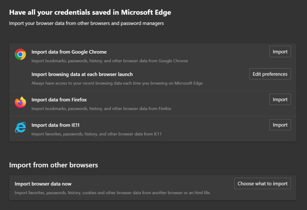 Le paramètre en question, vu sur un système Windows 11 23H2 exécutant Edge 122. Il proposera d'importer en continu les données depuis Chrome, mais pas depuis d'autres navigateurs.  Edge proposera une importation unique de données depuis Firefox, mais la plupart des autres navigateurs (comme Opera) n'apparaissent pas ici. 