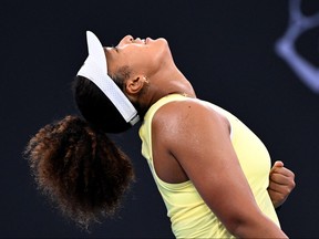 La Japonaise Naomi Osaka réagit après sa victoire.