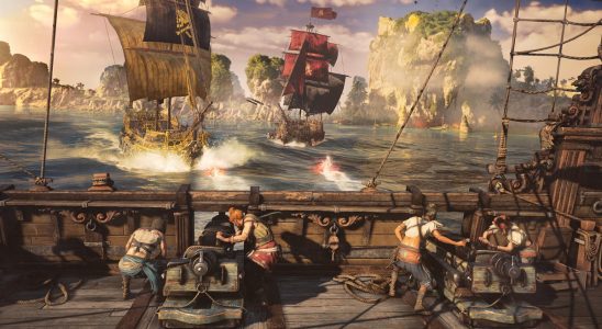 Image of a band of pirates on a ship preparing cannon to shoot at other pirate ships at sea in Skull and Bones.