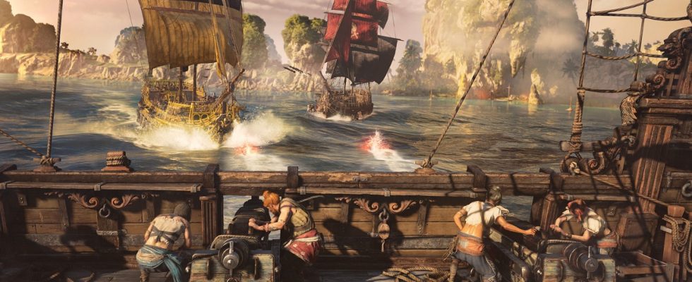 Image of a band of pirates on a ship preparing cannon to shoot at other pirate ships at sea in Skull and Bones.