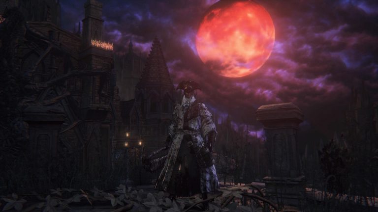 Image of bloodied man wearing a tricorn hat and priestly clothes with a blood moon in the sky in Bloodborne.