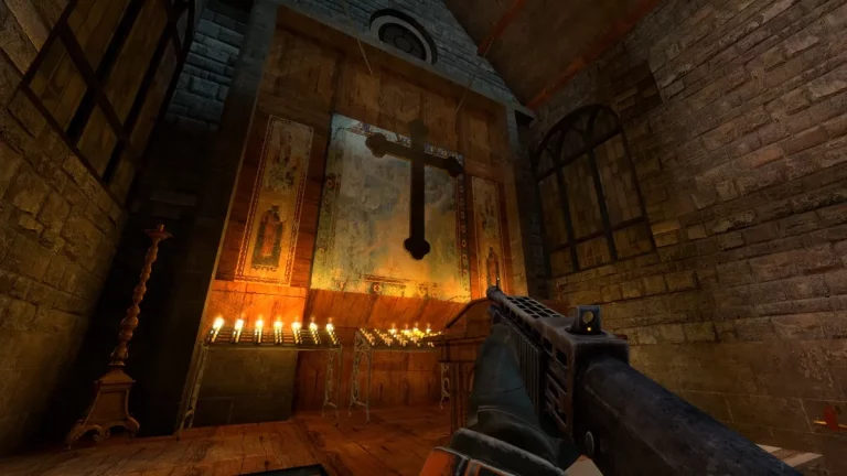 Half-Life 2: screenshot showing a large cross hanging at the front of a church.