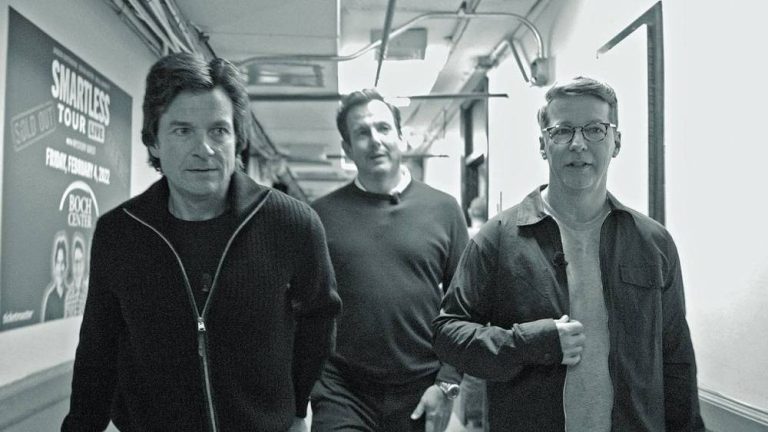 Jason Bateman, left, Will Arnett, Sean Hayes, right, in doc series “SmartLess: On the Road."