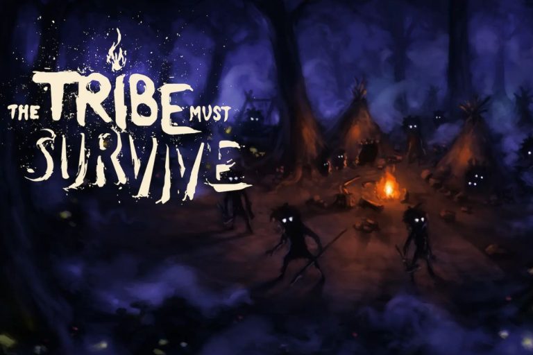 promotional artwork for The Tribe Must Survive, smoky figures of villagers gathered around a lit bonfire