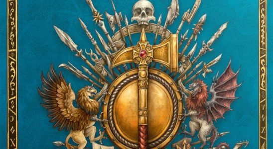 A golden warhammer on top of a shield lined with spears, skulls, and heraldry from Warhammer: The Old World