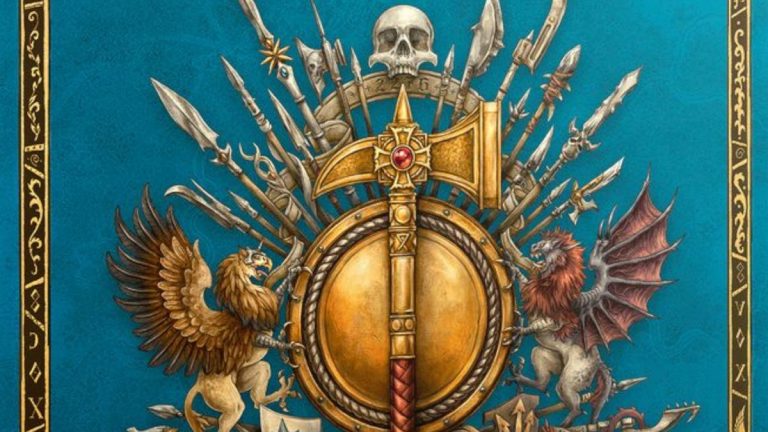 A golden warhammer on top of a shield lined with spears, skulls, and heraldry from Warhammer: The Old World