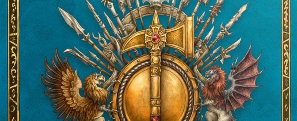 A golden warhammer on top of a shield lined with spears, skulls, and heraldry from Warhammer: The Old World