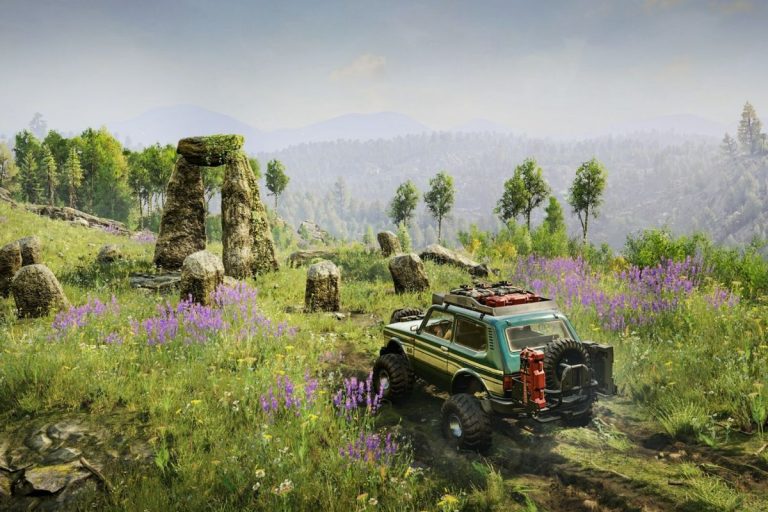 lone truck in a lush green valley in Expeditions: A MudRunner Game