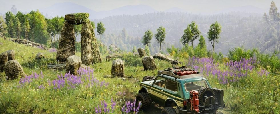 lone truck in a lush green valley in Expeditions: A MudRunner Game