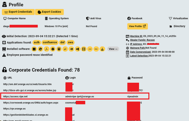 Capture d'écran partiellement expurgée de la base de données Hudson Rock montrant les informations d'identification du compte Orange RIPE.