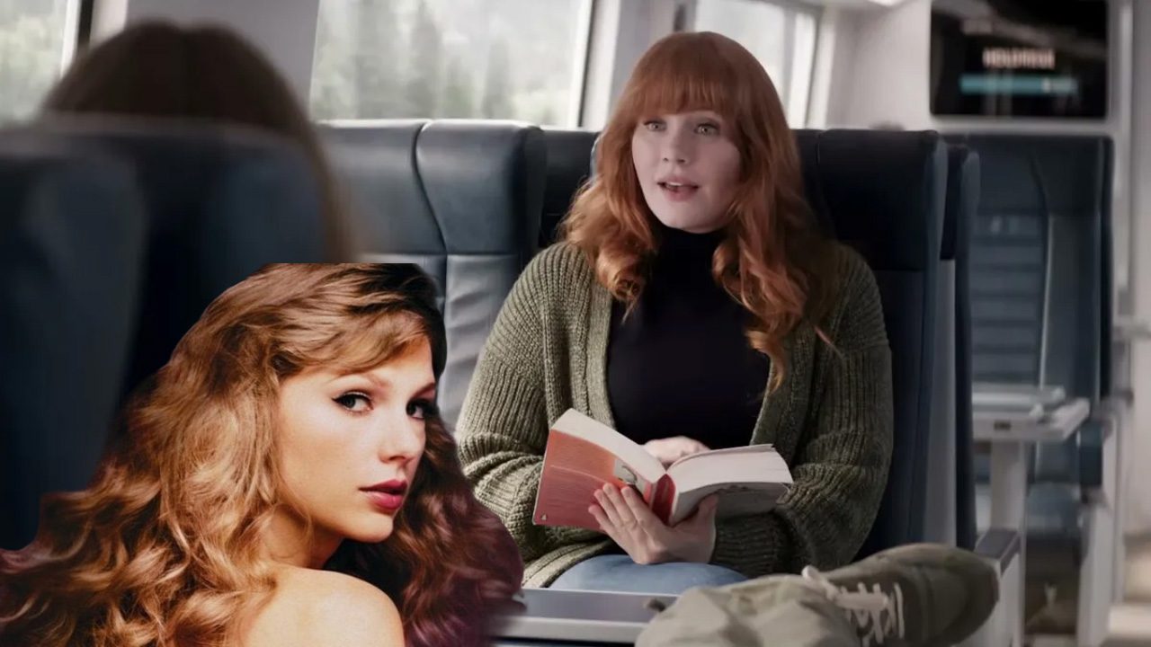 An image of Taylor Swift superimposed over a still from the movie Argylle, showing author Elly Conway on the train.