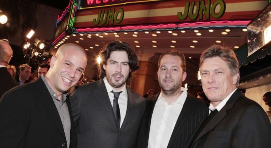 LOS ANGELES - DECEMBER 3:  (L to R) Producer Nathan Kahane, director Jason Reitman, producers Mason Novick and Russell Smith pose at the premiere of Fox Searchlight's "Juno" at the Village Theater on December 3, 2007 in Los Angeles, California. (Photo by Kevin Winter/Getty Images)