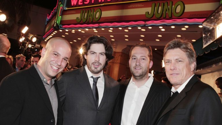 LOS ANGELES - DECEMBER 3:  (L to R) Producer Nathan Kahane, director Jason Reitman, producers Mason Novick and Russell Smith pose at the premiere of Fox Searchlight's "Juno" at the Village Theater on December 3, 2007 in Los Angeles, California. (Photo by Kevin Winter/Getty Images)