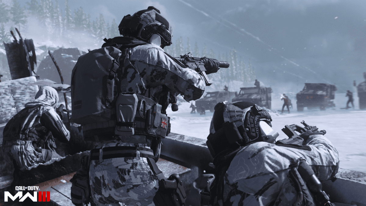 People shooting in the snow in Modern Warfare 3.