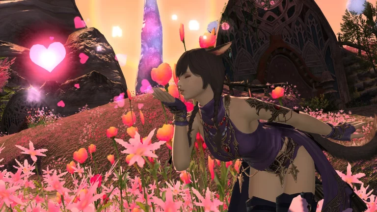 A Miqote in FFXIV using the Dote Emote ahead of this year's Valentine's Day event