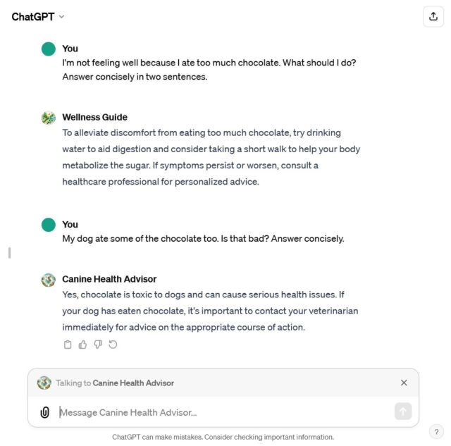 Une capture d'écran de ChatGPT où nous avons @-mentionné un conseiller en bien-être humain, puis un conseiller canin dans le même historique de conversation.