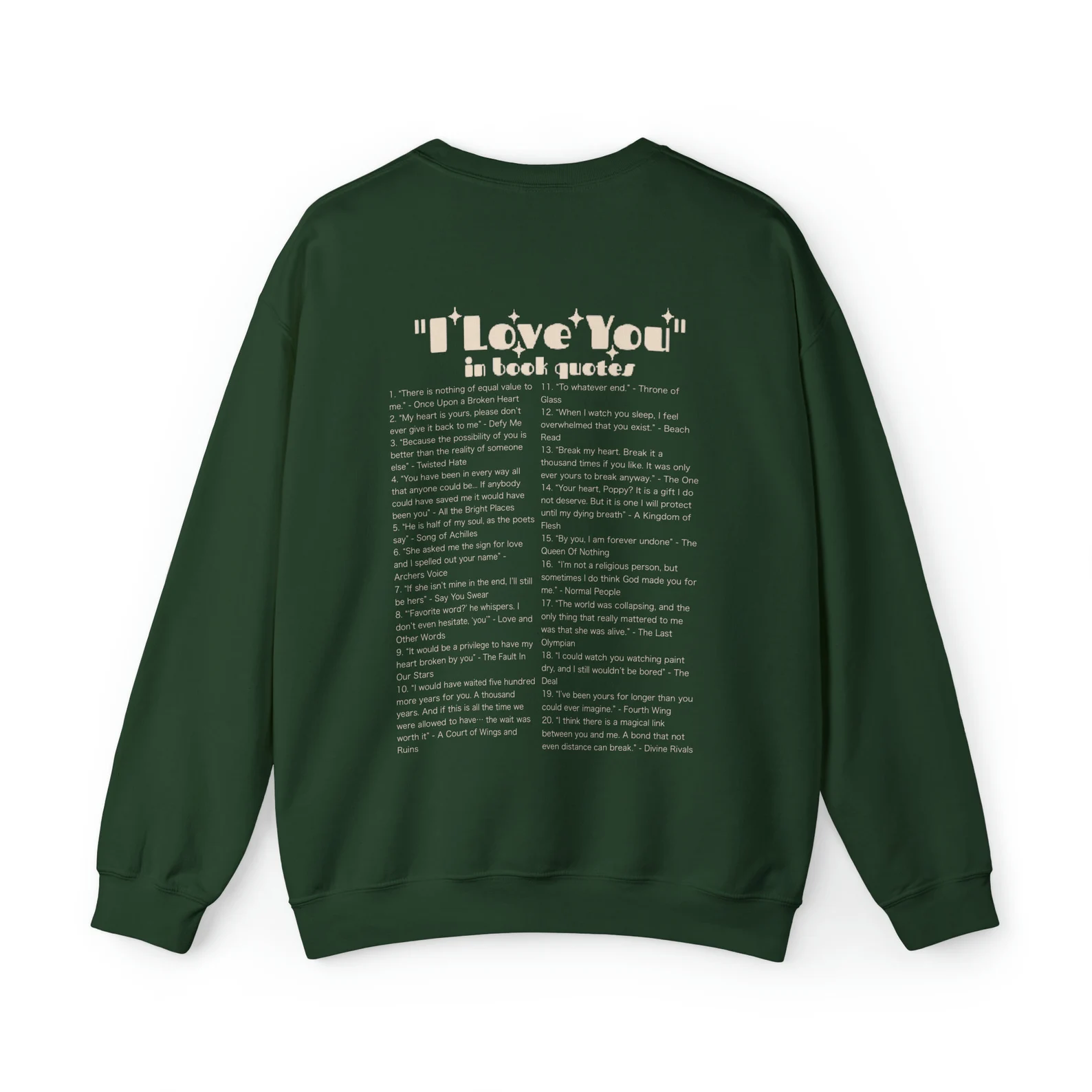 Image du dos d’un sweat-shirt.  Le haut dit "Je t'aime dans les citations de livres" et répertorie 20 citations de livres sur l'amour. 