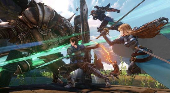 Image of three warriors with swords attacking a massive goblin with a tower shield in Granblue Fantasy: Relink.