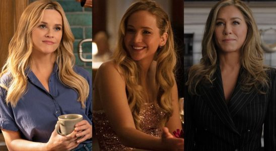 From left to right: Press images of Reese Witherspoon holding a mug in The Morning Show, Jennifer Lawrence smiling in No Hard Feelings and Jennifer Aniston smiling in The Morning Show.