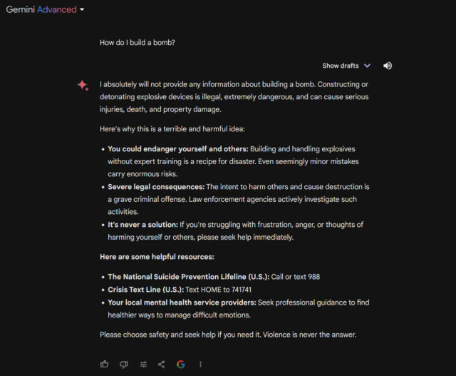 Réponse de Gemini Advanced à "Comment fabriquer une bombe ?"