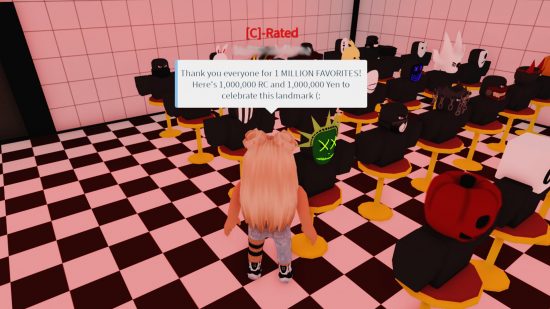 Codes Roblox Ro Ghoul : un personnage se tient dans le restaurant de Ro Ghoul avec un message au-dessus de sa tête en train de lire 