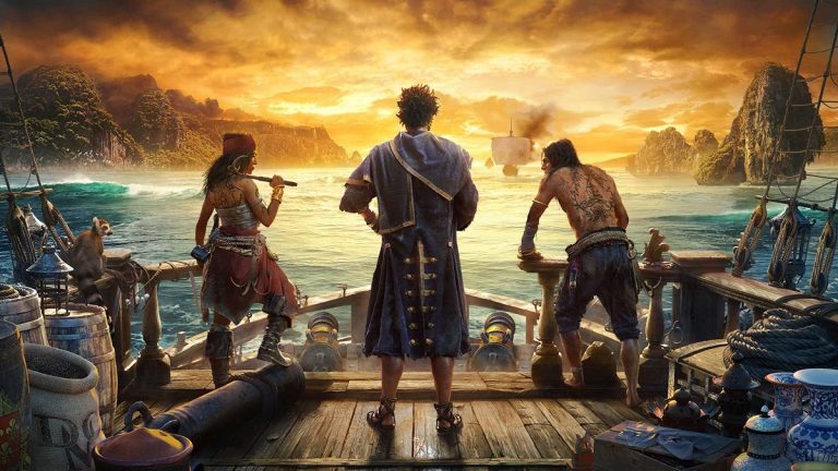 Image of pirates standing on deck of ship looking out at a sunset in Skull & Bones artwork.