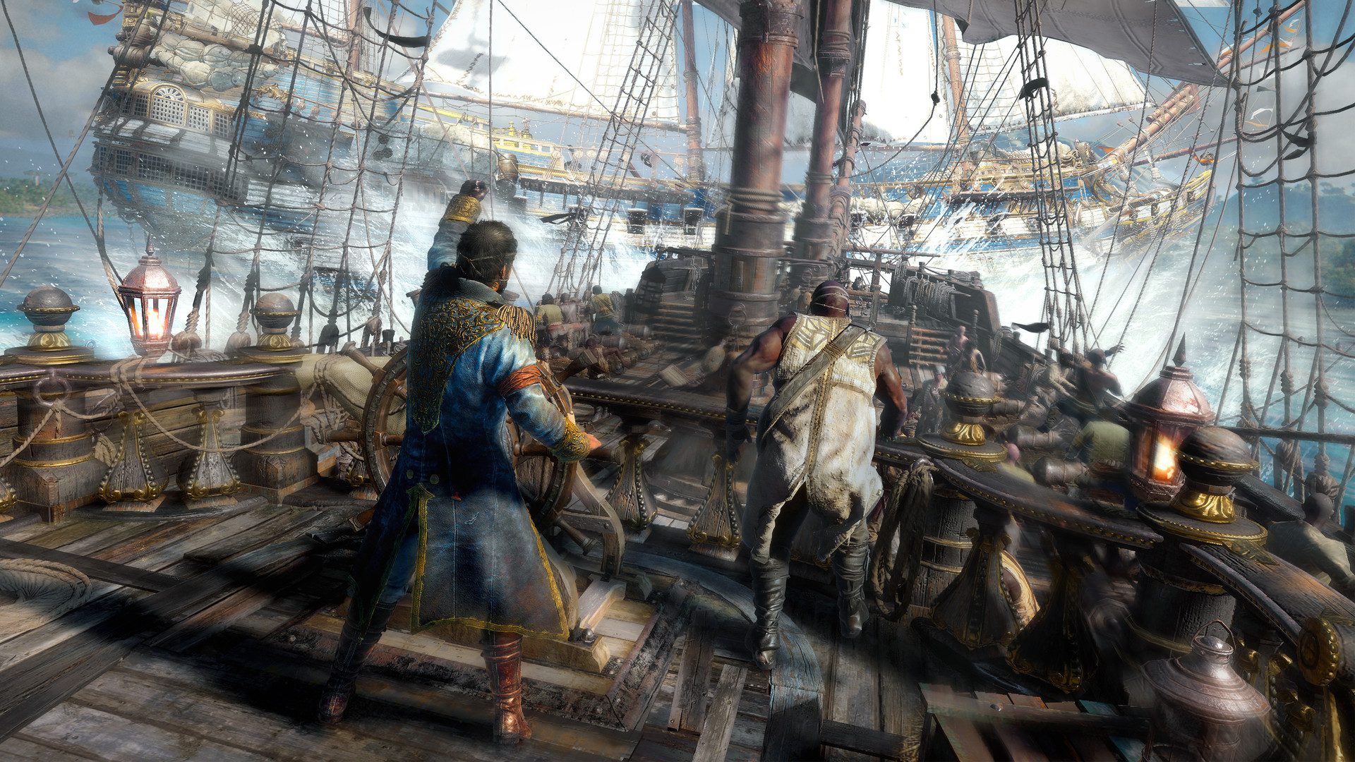 The deck of a pirate ship in Skull & Bones. There are two pirates standing on it as the ship leans.