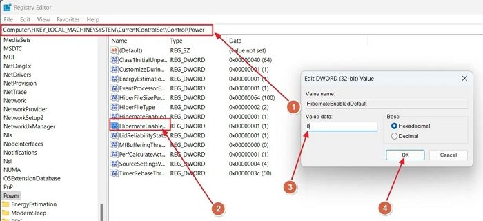 Désactiver l'hibernation dans le registre Windows