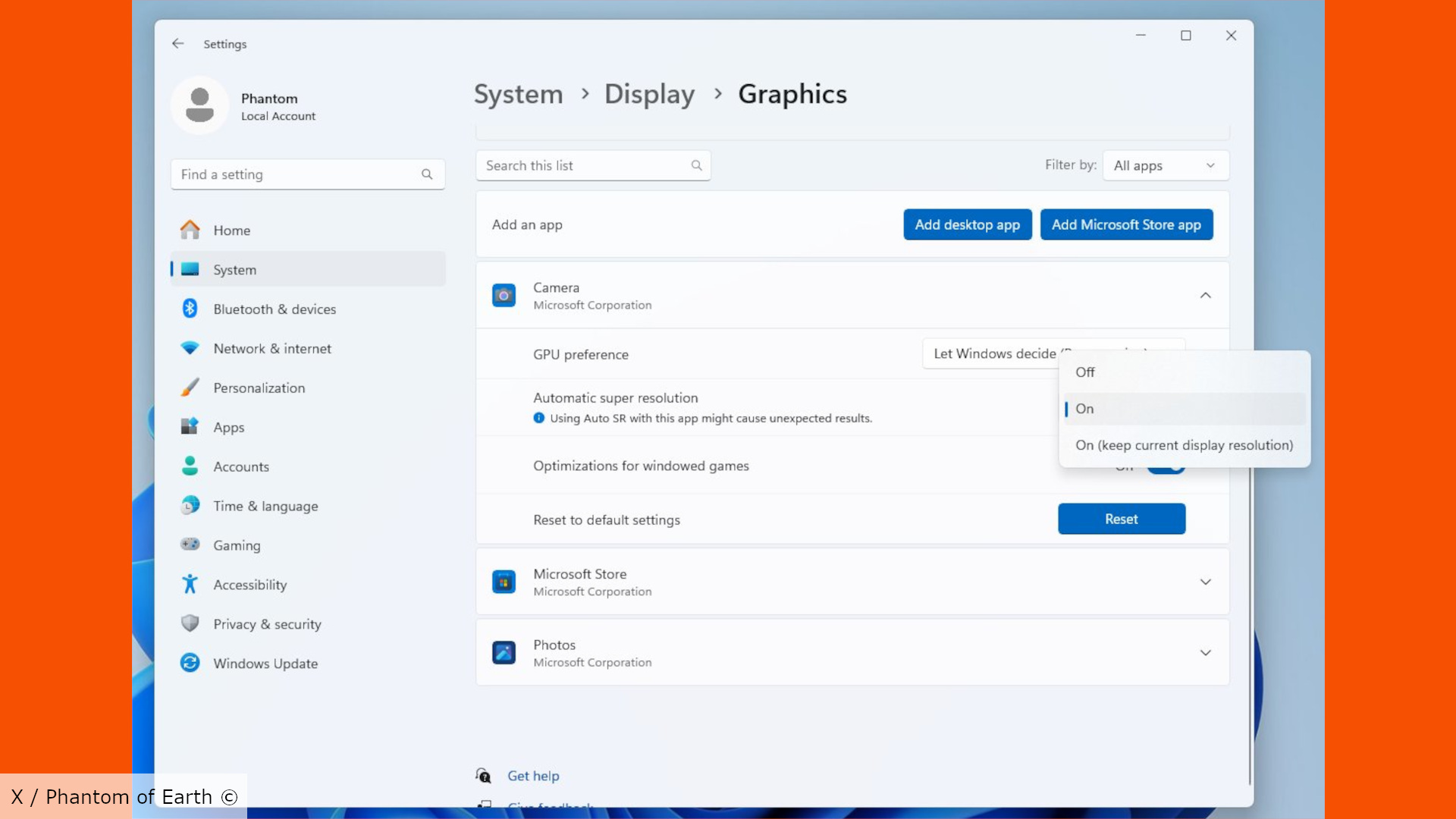 Une capture d'écran d'une version préliminaire de Windows 11, détaillant Auto SR