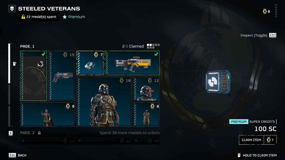 Le menu Steeled Veterans dans Helldivers 2. Il s'agit du pass de combat premium, qui affiche des options pour des objets comme une armure pour 18 médailles ou un fusil d'assaut déjà réclamé.  Les 100 super crédits pour 7 médailles sont mis en évidence.